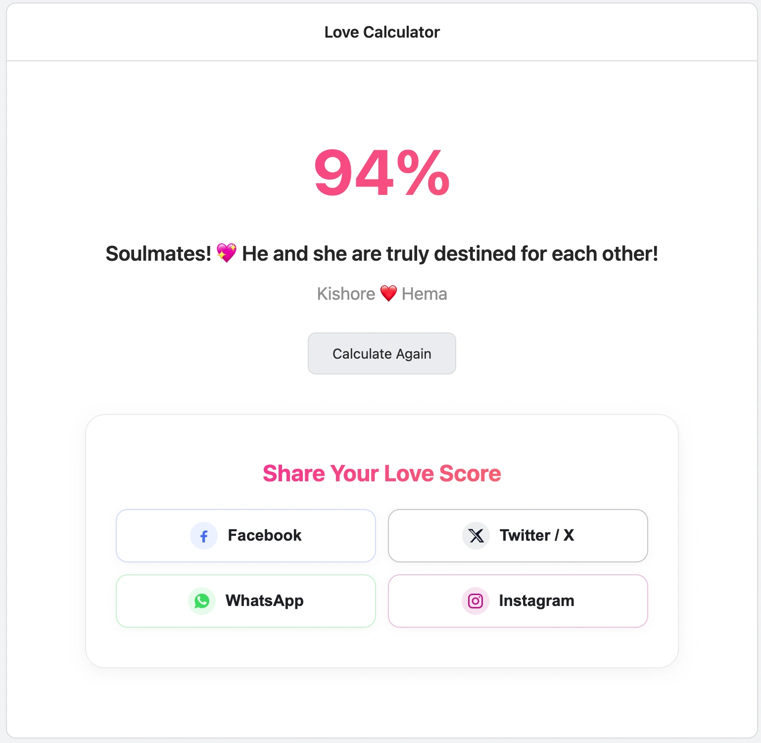 Love calculator result example