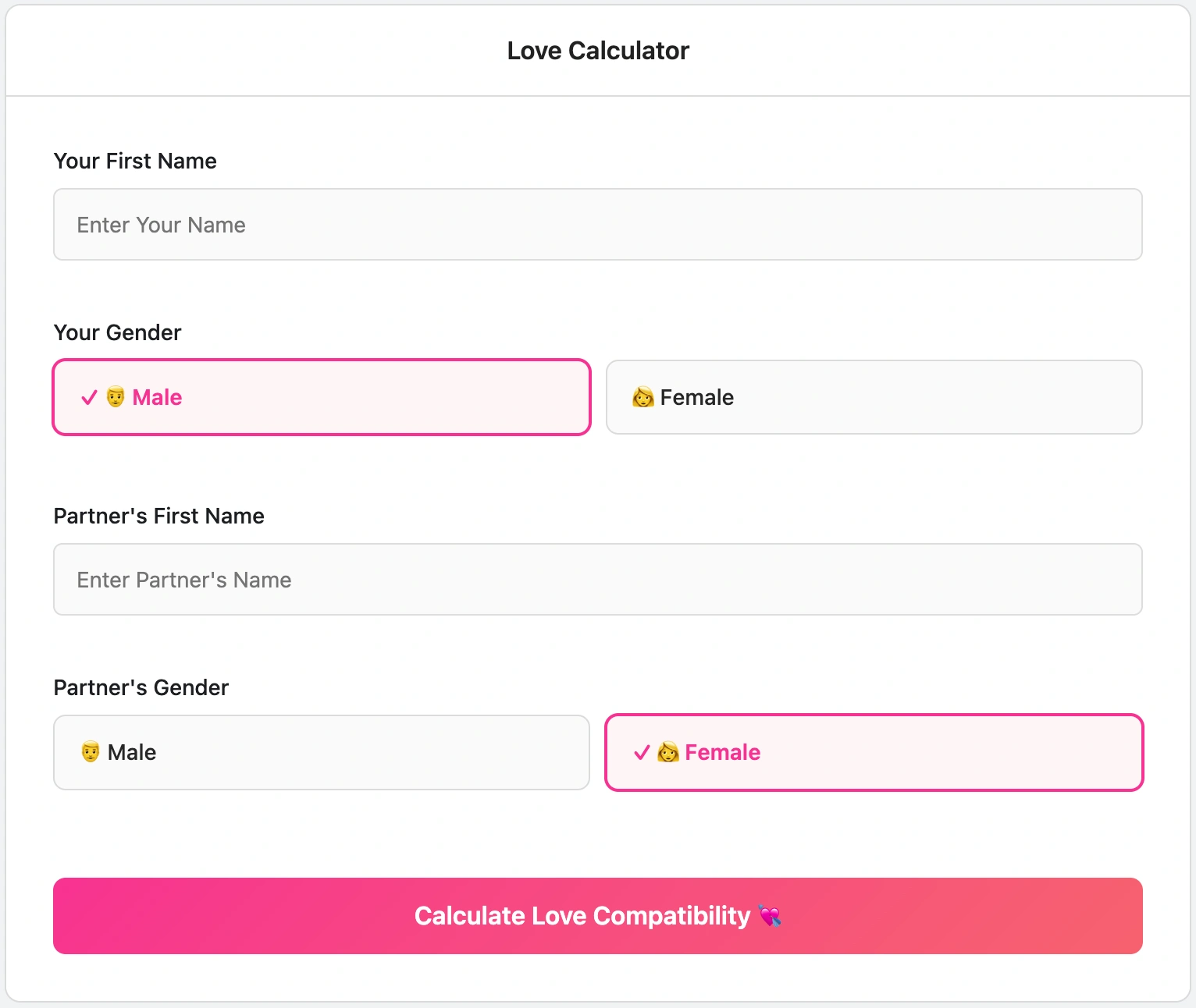 Love calculator by name compatibility example